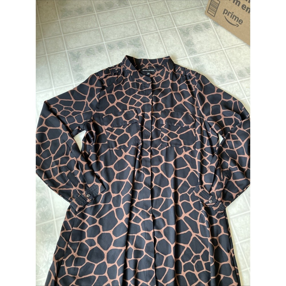 Banana Republic Black Brown Animal Print Shirt Dress 14 Long Utility Belted Maxi